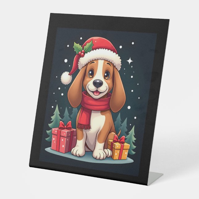Basset Hound Dog Christmas Outfits Santa Hat Dog X Pedestal Sign (Front)