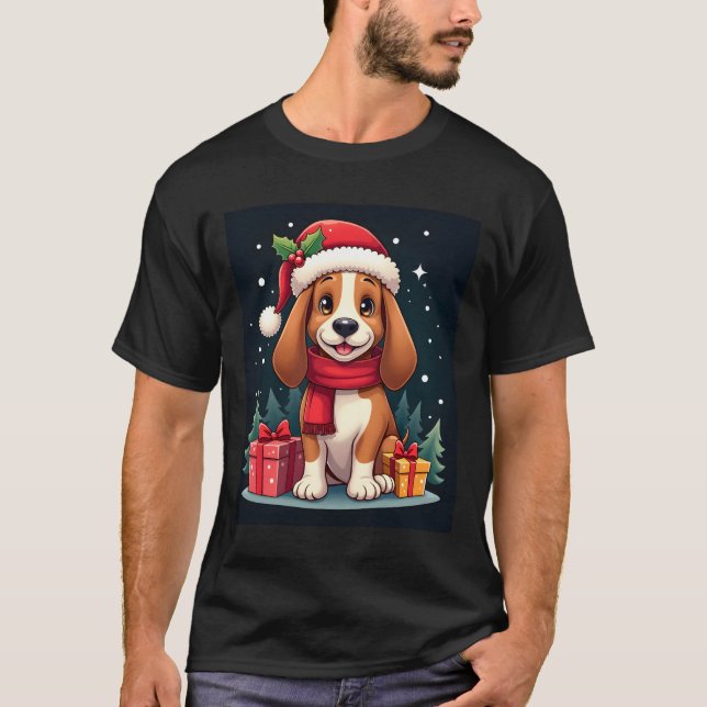 Basset Hound Dog Christmas Outfits Santa Hat Dog X T-Shirt (Front)