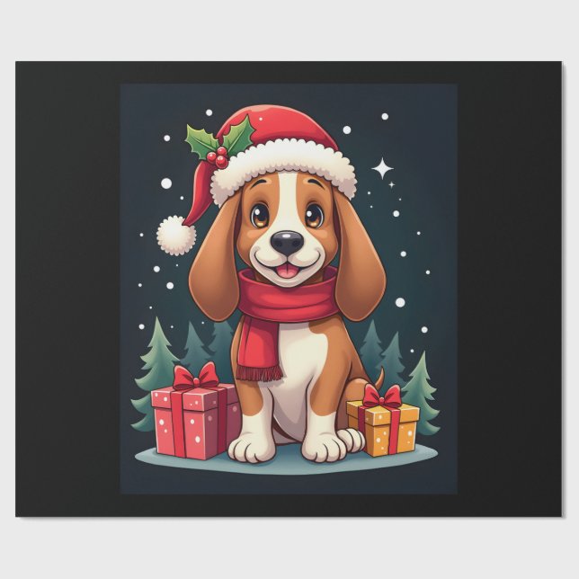 Basset Hound Dog Christmas Outfits Santa Hat Dog X Wrapping Paper (Flat)