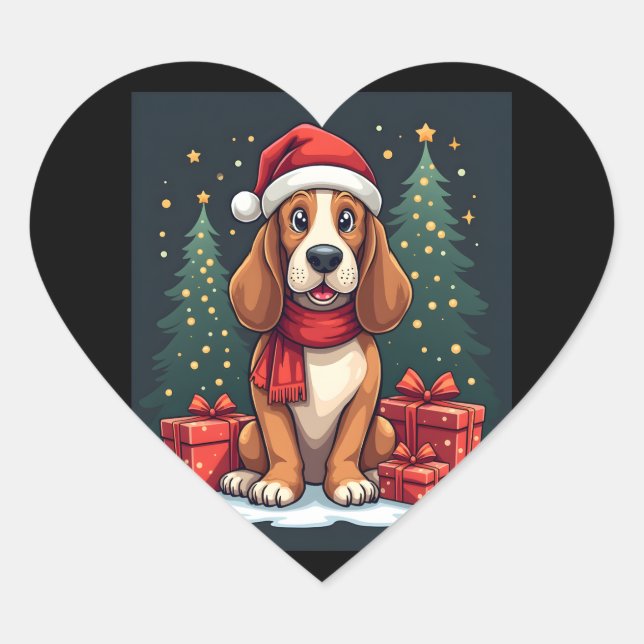 Basset Hound Dog Christmas Parties Santa Dog Lover Heart Sticker (Front)
