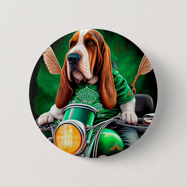  Basset Hound Dog driving bike St. Patrick's Day  6 Cm Round Badge (Front)