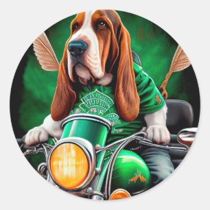  Basset Hound Dog driving bike St. Patrick's Day Classic Round Sticker