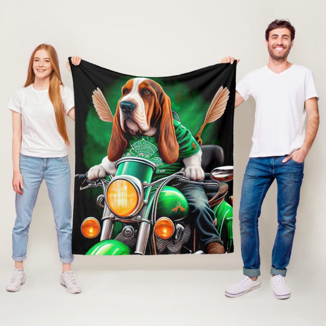  Basset Hound Dog driving bike St. Patrick's Day Fleece Blanket (In Situ)