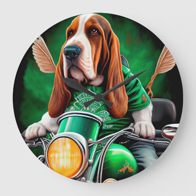  Basset Hound Dog driving bike St. Patrick's Day Large Clock (Front)