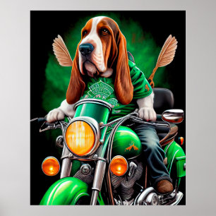 Basset Hound Dog driving bike St. Patrick's Day  Poster