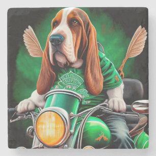  Basset Hound Dog driving bike St. Patrick's Day Stone Coaster