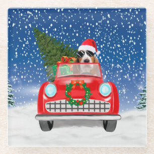Basset Hound Dog Driving Car In Snow Christmas  Glass Coaster