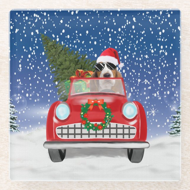 Basset Hound Dog Driving Car In Snow Christmas  Glass Coaster (Front)