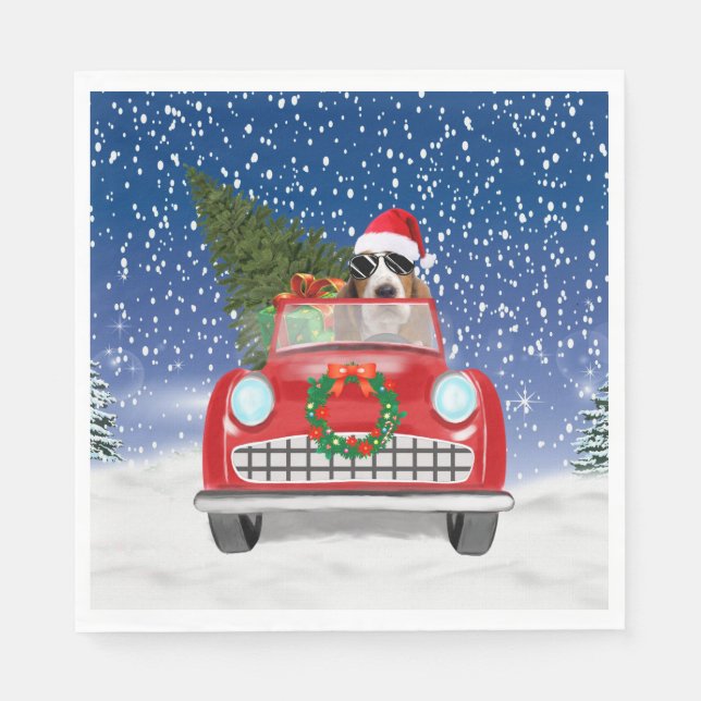 Basset Hound Dog Driving Car In Snow Christmas  Napkin (Front)