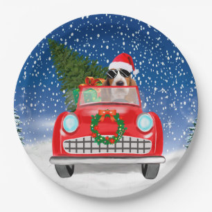 Basset Hound Dog Driving Car In Snow Christmas  Paper Plate
