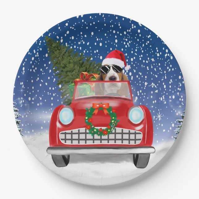 Basset Hound Dog Driving Car In Snow Christmas  Paper Plate (Front)
