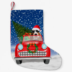 Basset Hound Dog Driving Car In Snow Christmas Small Christmas Stocking