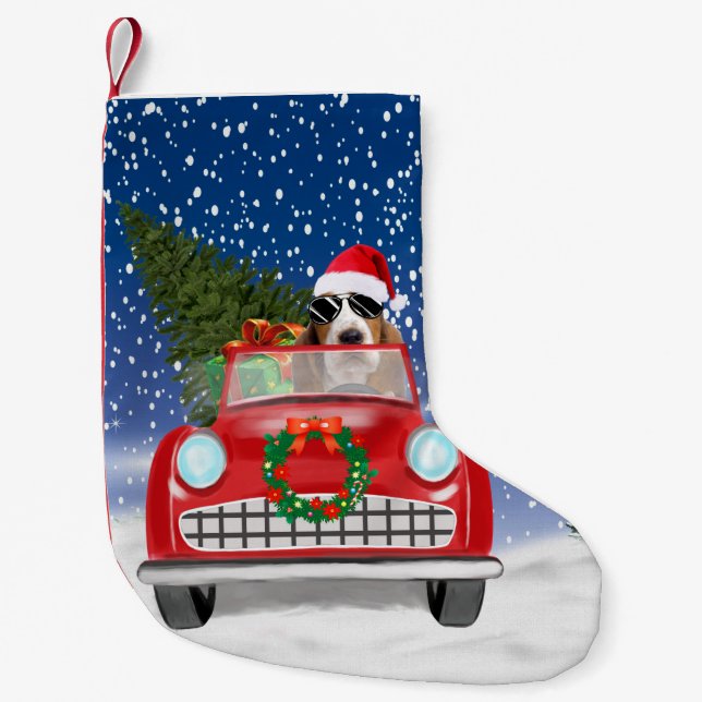Basset Hound Dog Driving Car In Snow Christmas  Small Christmas Stocking (Front)