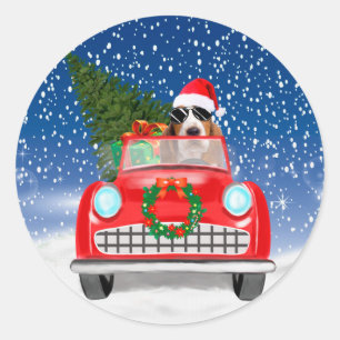 Basset Hound Dog Driving Car In Snow Christmas Thr Classic Round Sticker
