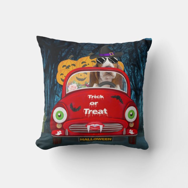 Basset Hound Dog Driving Car Scary Halloween Cushion (Front)