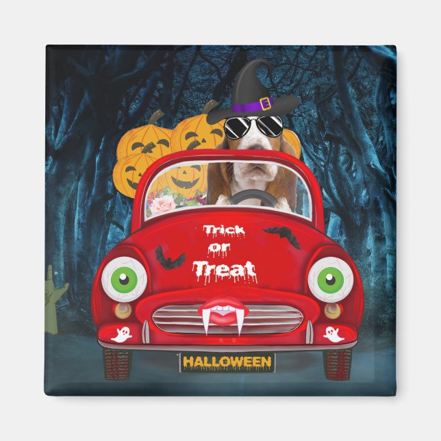 Basset Hound Dog Driving Car Scary Halloween Magnet (Front)
