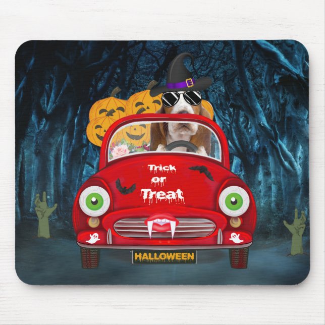 Basset Hound Dog Driving Car Scary Halloween Mouse Mat (Front)