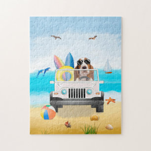 Basset Hound Dog Driving on Beach Jigsaw Puzzle
