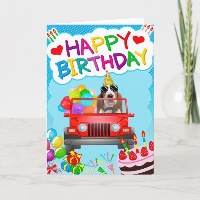 Basset Hound Dog Driving with Balloon Card (Front)