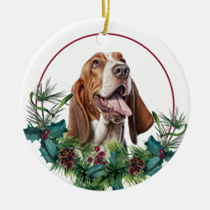 Basset Hound Dog Evergreen Wreath Ceramic Tree Decoration