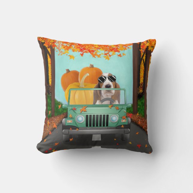 Basset Hound Dog Fall Pumpkin Cushion (Front)