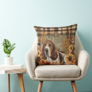 Basset Hound Dog Fall Watercolor Flowers Cushion