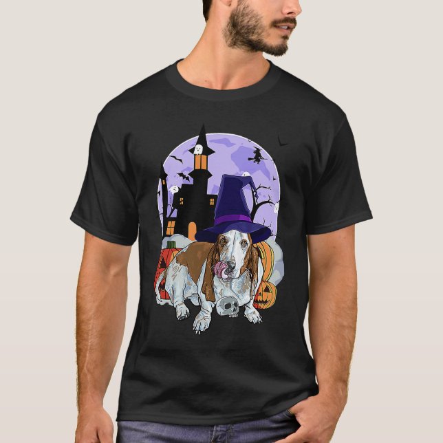 Basset Hound Dog Halloween Witch Pumpkin T-Shirt (Front)