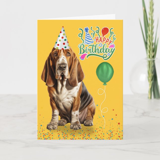 Basset Hound Dog in a Party Hat Birthday Card (Front)