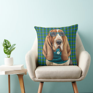 Basset Hound Dog in a Teal Scarf Monogrammed Cushion