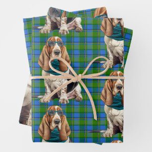 Basset Hound Dog in a Teal Scarf Monogrammed Wrapping Paper Sheet