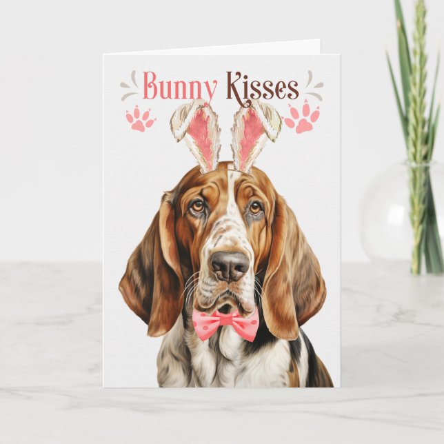 Basset Hound Dog in Bunny Ears Easter Holiday Card (Front)