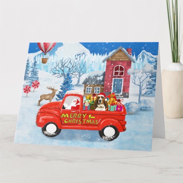 Basset Hound Dog in Christmas Delivery Truck Snow Card (Front)