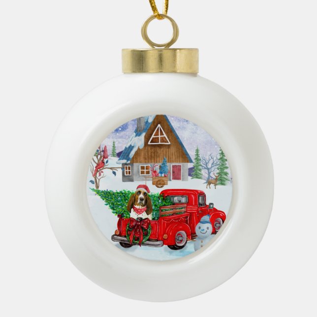 Basset Hound dog In Christmas Delivery Truck Snow Ceramic Ball Christmas Ornament (Front)