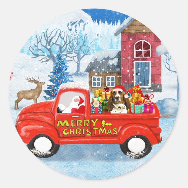 Basset Hound Dog in Christmas Delivery Truck Snow  Classic Round Sticker (Front)