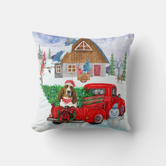 Basset Hound dog In Christmas Delivery Truck Snow Cushion (Front)