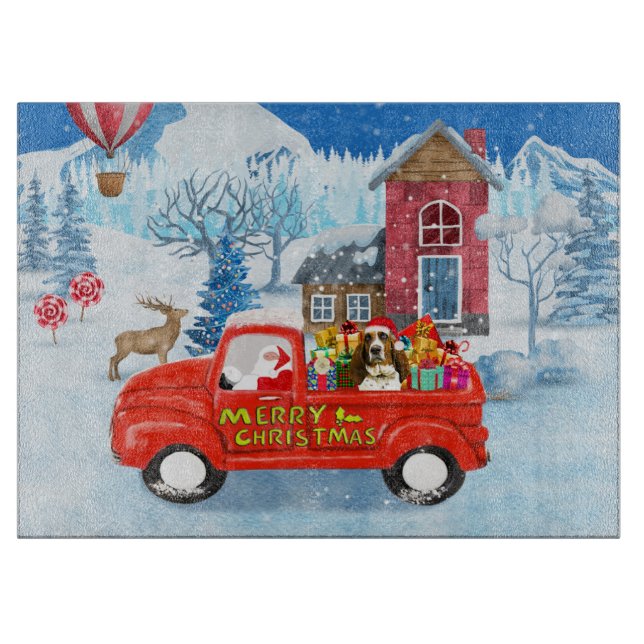 Basset Hound Dog in Christmas Delivery Truck Snow Cutting Board (Front)