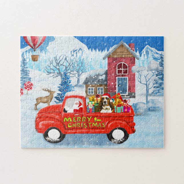Basset Hound Dog in Christmas Delivery Truck Snow  Jigsaw Puzzle (Horizontal)