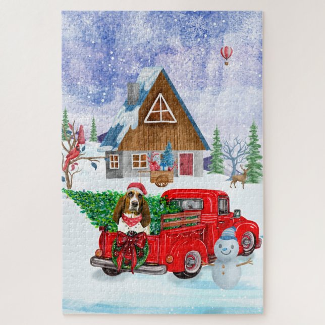 Basset Hound dog In Christmas Delivery Truck Snow Jigsaw Puzzle (Vertical)
