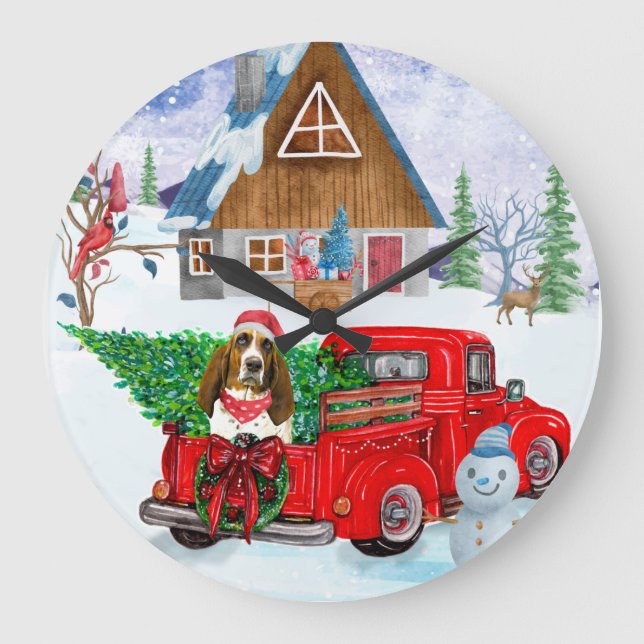 Basset Hound dog In Christmas Delivery Truck Snow  Large Clock (Front)
