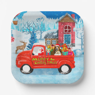 Basset Hound Dog in Christmas Delivery Truck Snow  Paper Plate