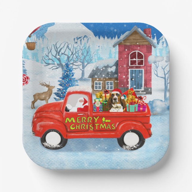 Basset Hound Dog in Christmas Delivery Truck Snow  Paper Plate (Front)