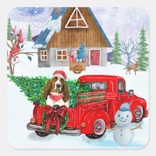 Basset Hound dog In Christmas Delivery Truck Snow  Square Sticker (Front)