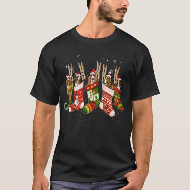 Basset Hound Dog In Christmas Sock Santa Hat Xmas  T-Shirt (Front)