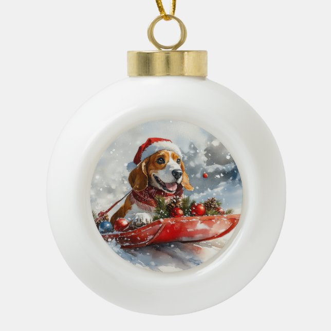 Basset Hound Dog in Sledge Let it Snow Christmas Ceramic Ball Christmas Ornament (Front)