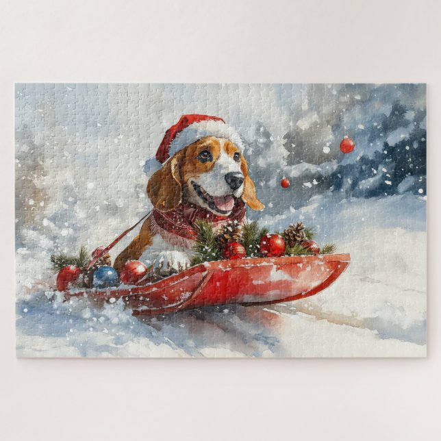 Basset Hound Dog in Sledge Let it Snow Christmas Jigsaw Puzzle (Horizontal)