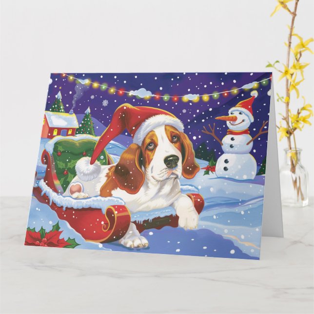 Basset Hound Dog in Sleigh Snow Christmas Card (Yellow Flower)