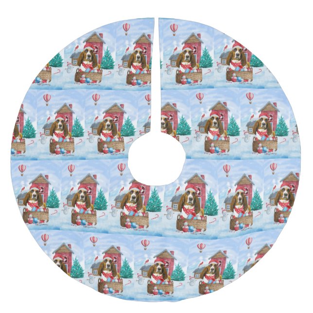 Basset Hound Dog In snow Christmas Dog House Brushed Polyester Tree Skirt (Front)