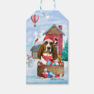 Basset Hound Dog In snow Christmas Dog House Gift Tags