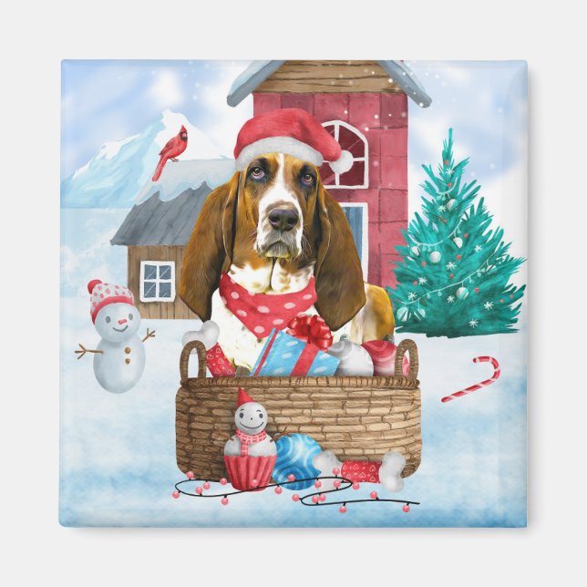 Basset Hound Dog In snow Christmas Dog House Magnet (Front)