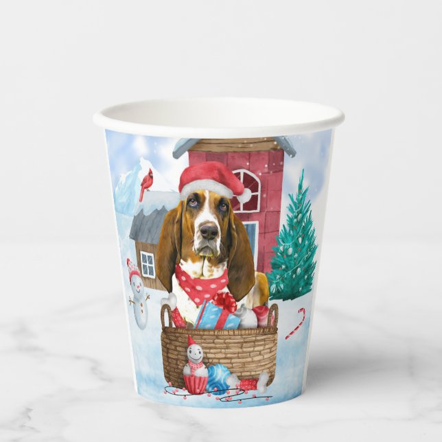 Basset Hound Dog In snow Christmas Dog House Paper Cups (Front)